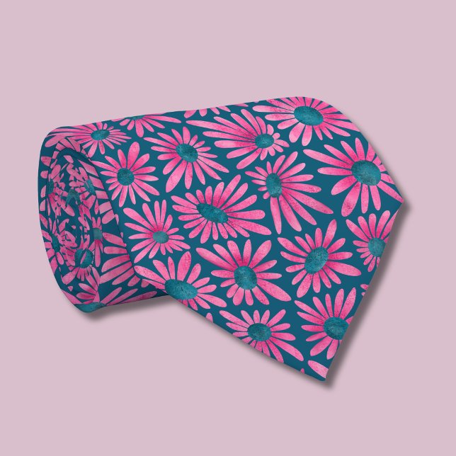 Retro Rosa Blumenblockdruck-Daisy Krawatte (Pink floral daisy retro block print tie)
