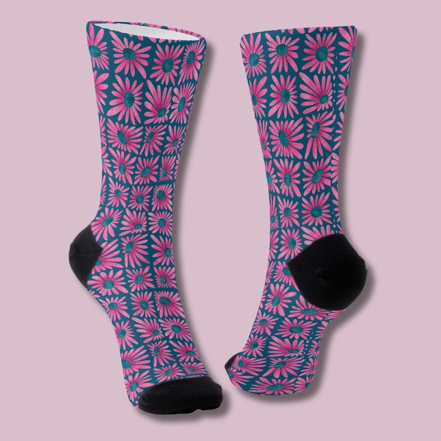 Retro Rosa Blumenblockdruck-Daisy Socken (Pink floral daisy retro block print socks)