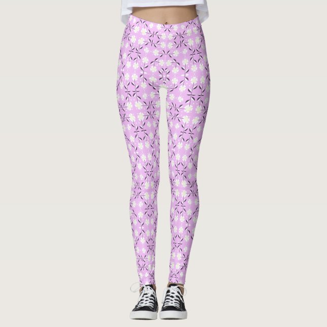 Retro, rosa Blumenmuster Leggings (Vorderseite)
