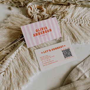 Retro Rosa Boho Groovy Pinstripes Mädchenhaft QR C Visitenkarte