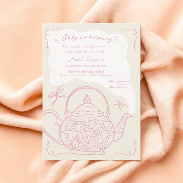 Retro rosa Bows Teekanne Baby Braut Baby Dusche Einladung (Retro pink bows teapot baby is brewing Baby shower Invitation)