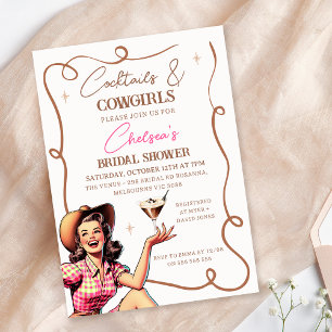 Retro Rosa Braune Cocktails Cowgirls Brautparty Einladung