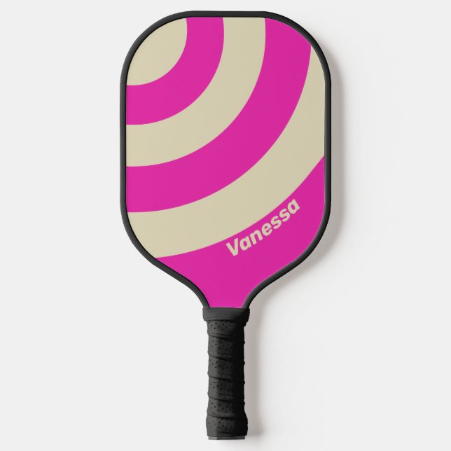 Retro Rosa Dreikreis Streifen mit Namen Pickleball Schläger (Vorderseite)