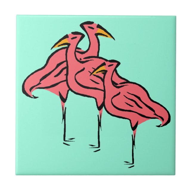 Retro rosa Flamingo-Vogel-Menge auf Aqua-Blau Fliese (Vorderseite)