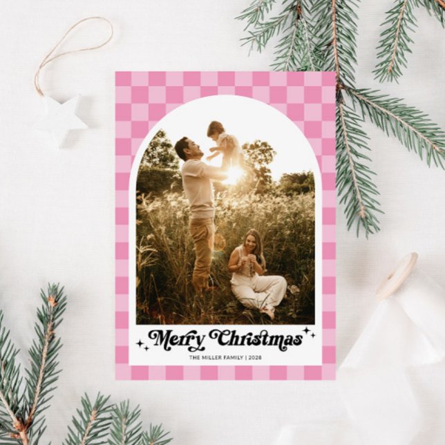 Retro-Rosa-Foto Feiertagskarte (Retro Pink Checkered Family Photo Christmas Card)