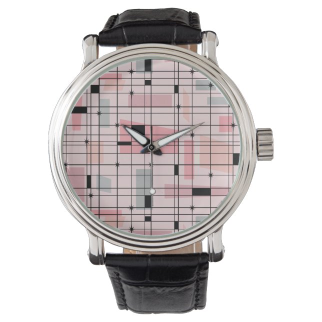 Retro rosa Gitter-und Sternexplosion-Leder-Uhr Armbanduhr (Vorderseite)