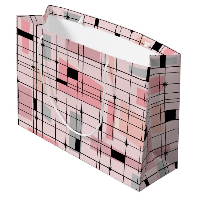 Retro Rosa Gitter und Sternexplosionen Geschenktüt Große Geschenktüte (Rückseite Schrägansicht)