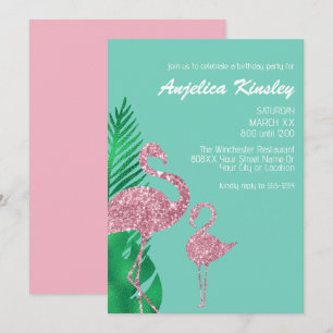 Retro-Rosa-Glitter-Flamingo und Palmwedel Einladung