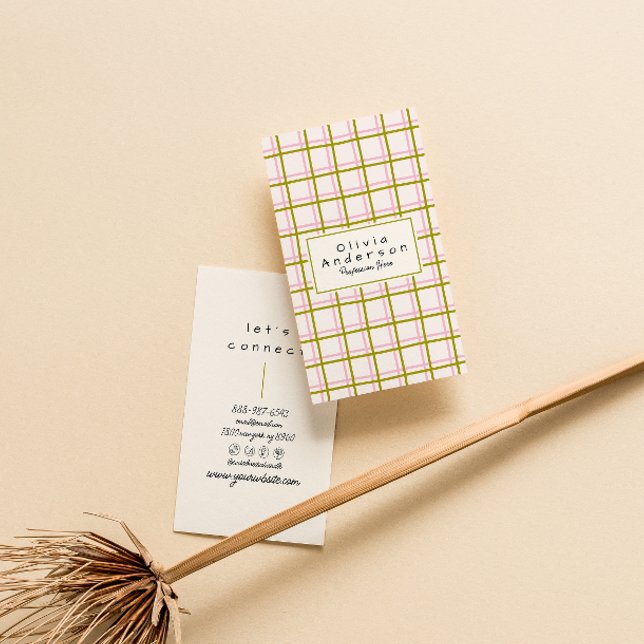 Retro Rosa grüne karierte Streifen Trendy Boho Visitenkarte (Von Creator hochgeladen)
