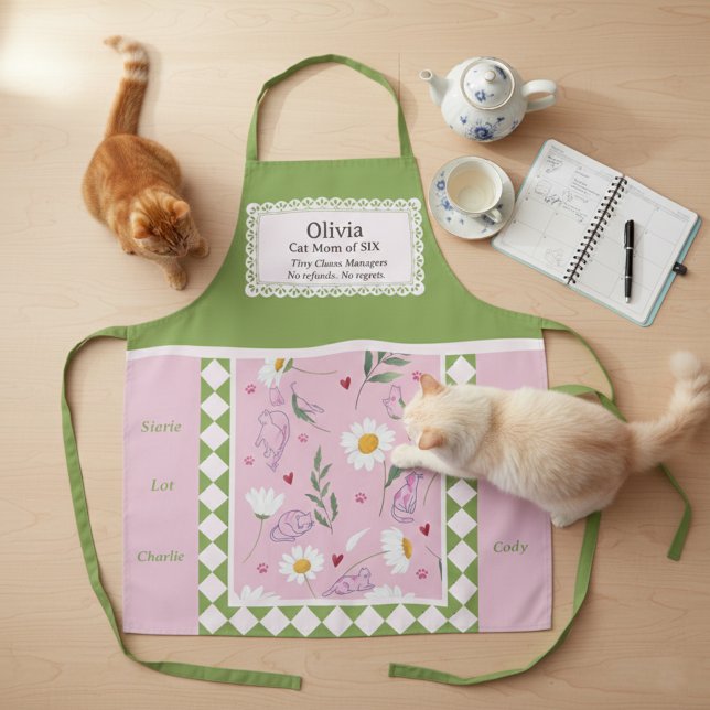 Retro Rosa Grüne Katzenmutter Personalisierte Schü Schürze (Von Creator hochgeladen)