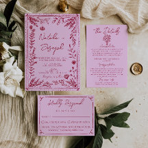 Retro-Rosa-Himbeer-Gezeichneter-Blumengarten-Hochz