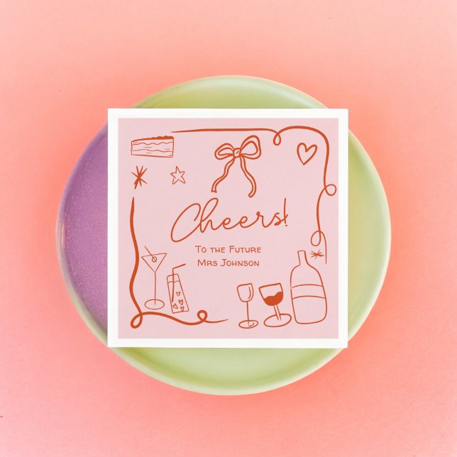 Retro rosa illustriertes Brautparty Serviette (Retro pink red hand drawn illustrated bridal shower napkins)