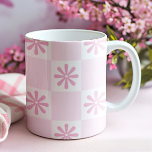 Retro Rosa Karo Kariertes Blumenmuster Kaffeetasse