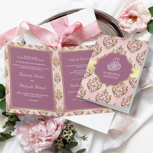 Retro-Rosa Lila Gold Damast Muslimische Hochzeit Einladung
