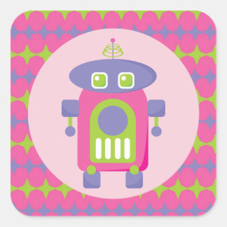 Retro Rosa, Lila und grüner Roboter mit Stangen Quadratischer Aufkleber