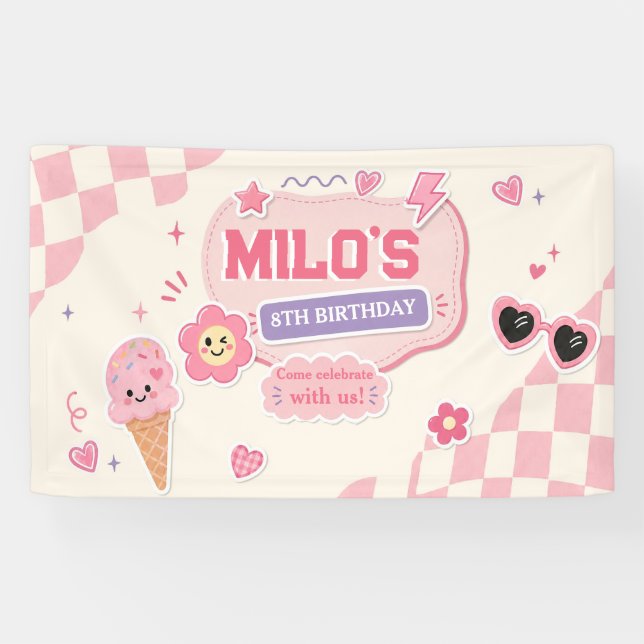 Retro-Rosa Mädchen-Geburtstag Banner (Horizontal)