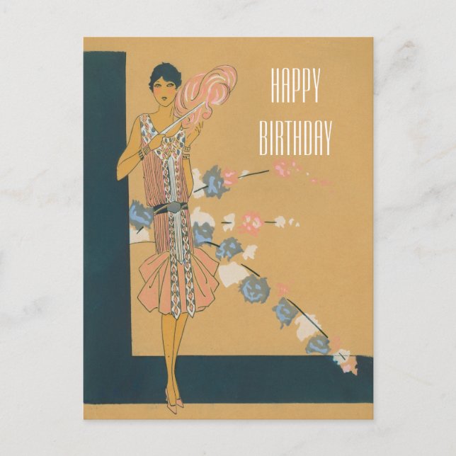 Retro Rosa Mode und Federn Postkarte (Vorderseite)