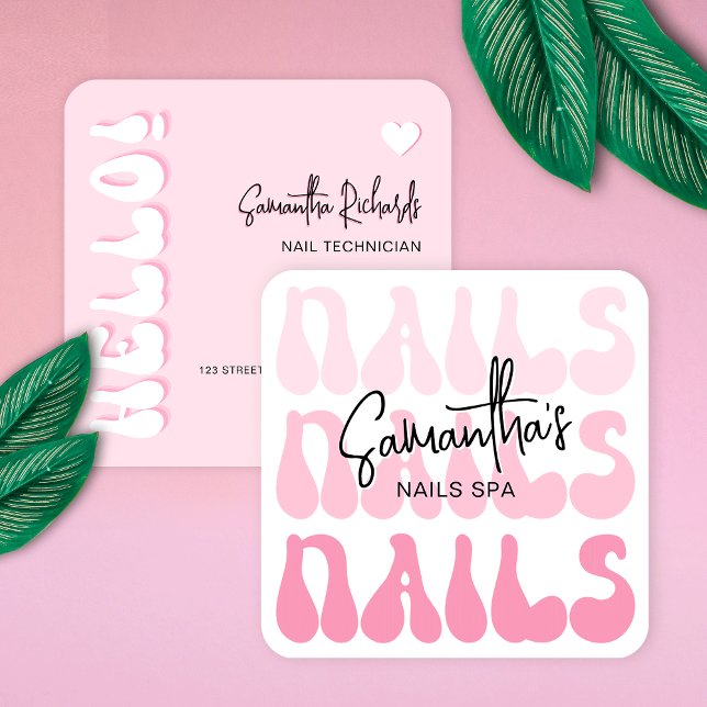 Retro Rosa Moderner Nagelkünstler Salon Maniküre Quadratische Visitenkarte (Trendy and chic nails spa business cards in girly pink with retro fonts)