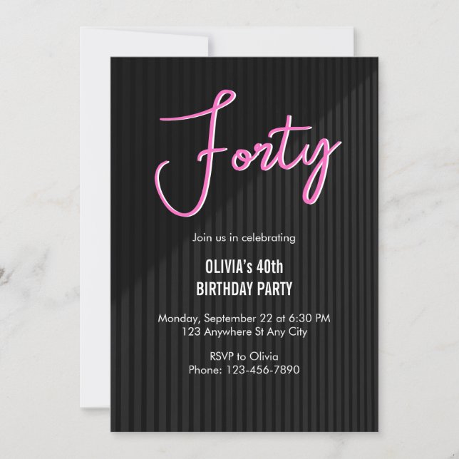 Retro Rosa Neon 40. Geburtstag Einladung (Vorderseite)