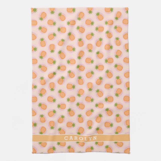 Retro rosa orange Ananas kopiert Monogramm Küchentuch (Vertikal)