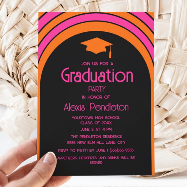 Retro Rosa Orange Arch High School Graduation Cap Einladung (Pink and orange arch graduation party invitation)