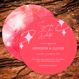 Retro Rosa Orange Disco Ball Wedding Save the Date Einladung