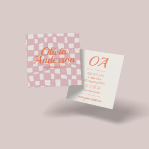 Retro Rosa Orange Hand gezogenes kariertes Groovy Quadratische Visitenkarte
