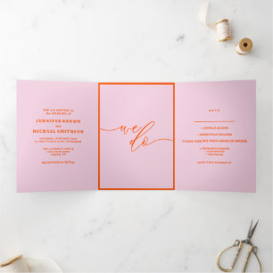 Retro rosa orange moderne Hochzeit Dreifach Gefaltete Karte
