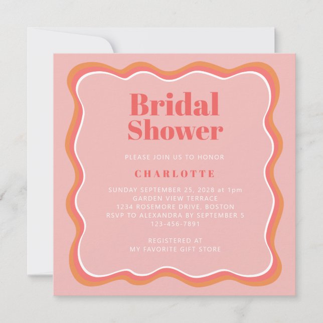 Retro Rosa Orange Wavy Border Brautparty Einladung (Vorderseite)