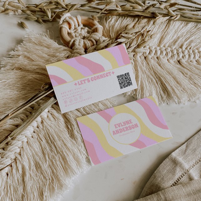 Retro Rosa Pastell-QR-Code 70er Boho Groovy Weibli Visitenkarte (Von Creator hochgeladen)