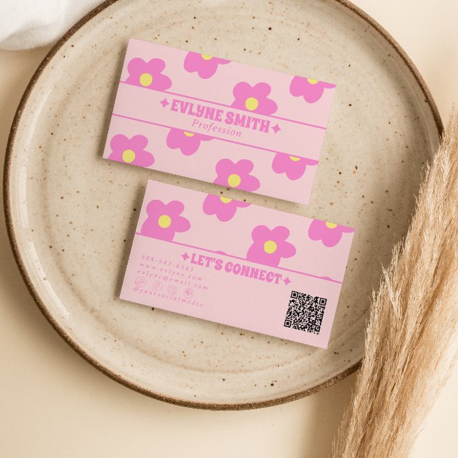 Retro-Rosa-QR-Code Groovy Floral Boho Mädchenhaft  Visitenkarte (Von Creator hochgeladen)