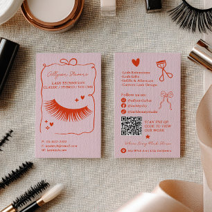 Retro Rosa Rote Doodles Wimpern-Tech QR-Code Visitenkarte