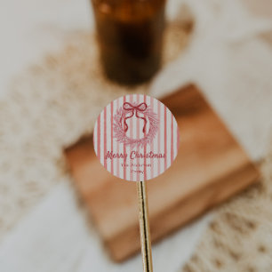 Retro Rosa Rote Hand gezeichnete Bow Kranz Weihnac Runder Aufkleber