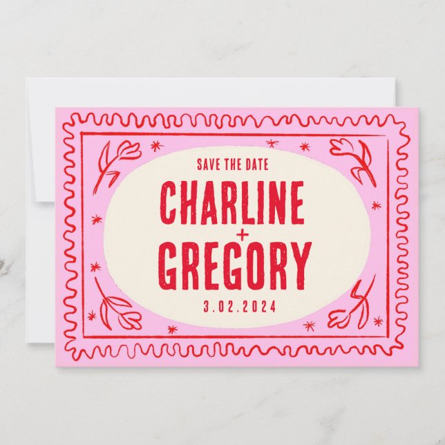 Retro Rosa rote Handschrift Hochzeit speichern das Einladung (Vorderseite)