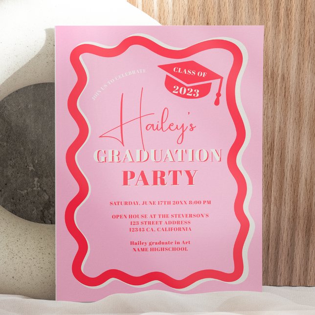 Retro-rosa rote Kurve quiggbelt wavy Abschluss Einladung (Retro pink red curve squiggle wavy graduation invitation)