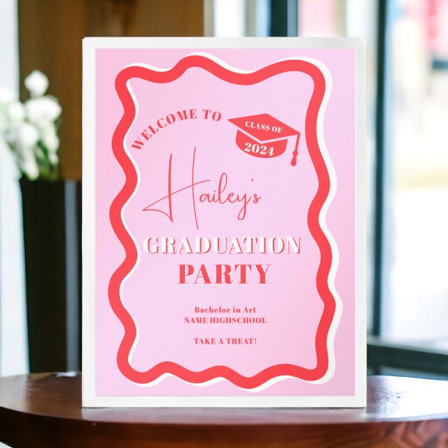 Retro-rosa rote Kurve quiggbelt wavy Abschluss Poster (Retro pink red curve squiggle wavy graduation poster)