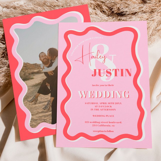 Retro rosa rote Kurve quiggle wavy Hochzeitsfest F Einladung (Von Creator hochgeladen)