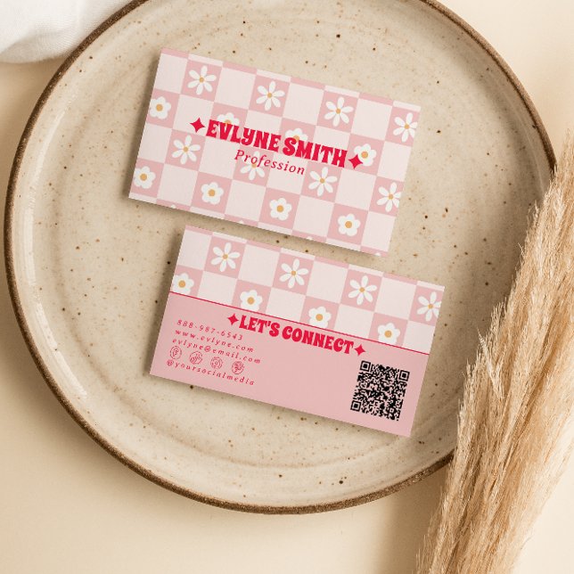 Retro Rosa Roter QR-Code Karierter Groovy Floral  Visitenkarte (Von Creator hochgeladen)