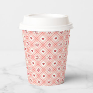 Retro rosa, rotes Herz und Schneeflocken Muster Pappbecher