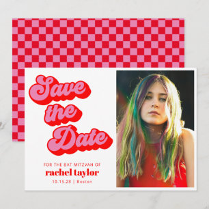 Retro Rosa rotes Karton Bat Mitzvah Foto Save The Date