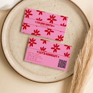 Retro Rosa Rotes QR-Code Groovy Floral Weiblich Tr Visitenkarte