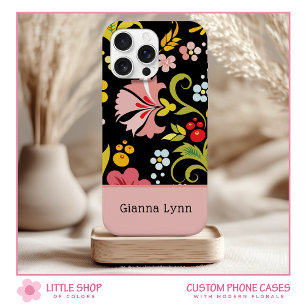 Retro Rosa Schwarzes Blumenmonogramm Case-Mate iPhone Hülle