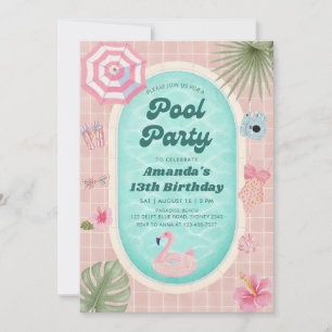 Retro-Rosa-Sommer-Poolparty-Geburtstagseinladung Einladung