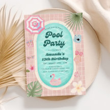 Retro-Rosa-Sommer-Poolparty-Geburtstagseinladung