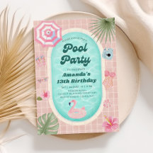 Retro-Rosa-Sommer-Poolparty-Geburtstagseinladung