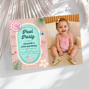 Retro-Rosa-Sommer-Poolparty-Geburtstagsfoto Einladung