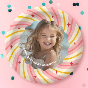 Retro Rosa Sonnenaufgang Rote Sterne Geburtstagsfe Pappteller