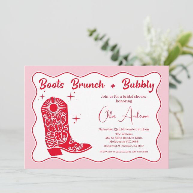 Retro Rosa Stiefel Brunch Bubbly Brautparty Einladung (Stehend Vorderseite)