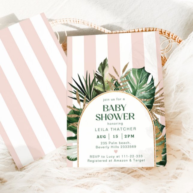 Retro rosa Streifen Palm Beach Babydusche Einladung (Von Creator hochgeladen)
