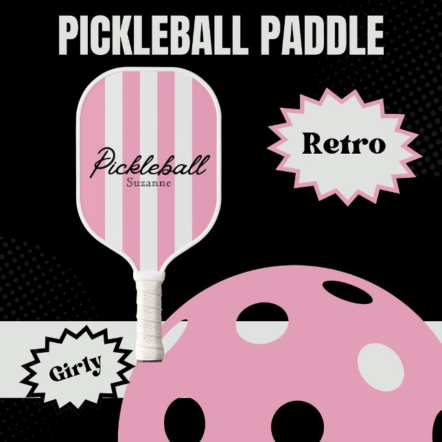 RETRO Rosa Streifen und Blume Name Pickleball Schläger (Personalized Girly Retro Pink Pickleball Paddle)